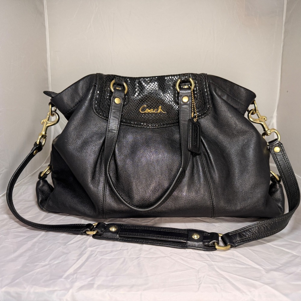 Coach Ashley Carry all Bag Black Pebbled Leather Snakeskin Trim Gold F19243